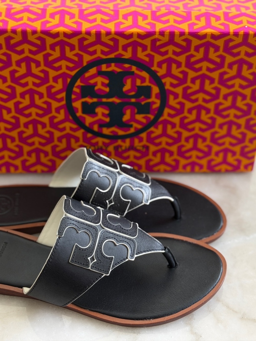 Tory Burch Black Logo Appliqué Thong Sandals